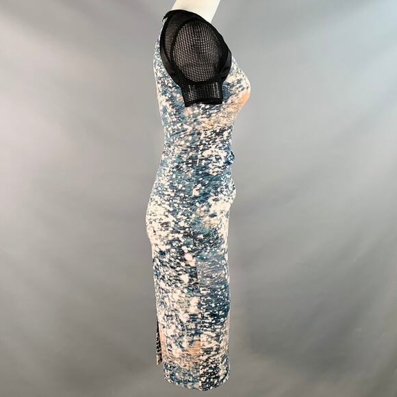 KAREN MILLEN Size 4 Black Green White Acetate Blend Abstract Mesh Sleeves Dress - Picture 3 of 6